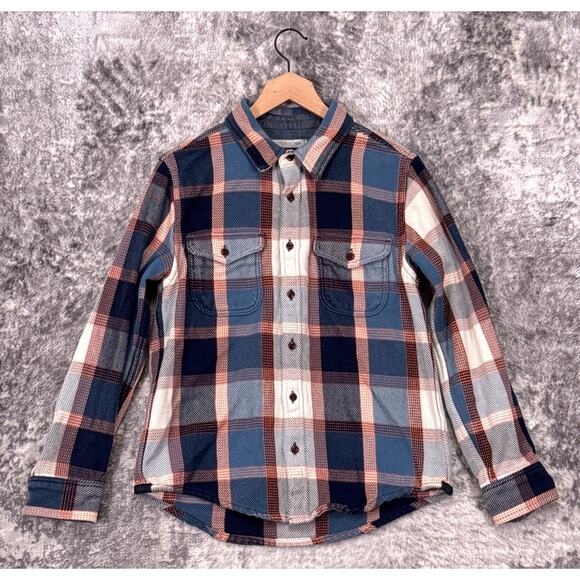 Outerknown Blanket Shirt Medium Mens Blue & Orange Plaid Heavyweight Flannel - Picture 1 of 8